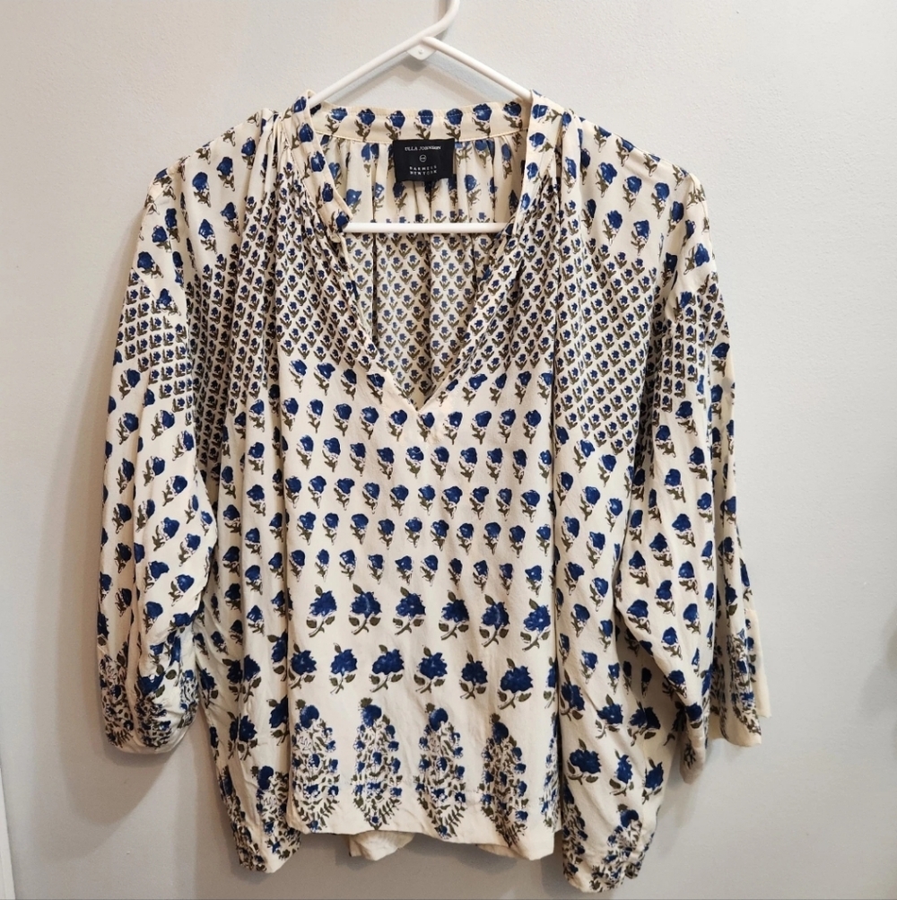 Ulla Johnson Women's Silk Floral 3/4 Sleeve Top Size 4 Blue/Cream Front Tie